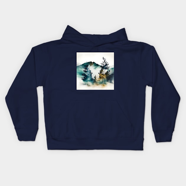 Misty Green Mountains and Trees Watercolor Kids Hoodie by The Art Mage